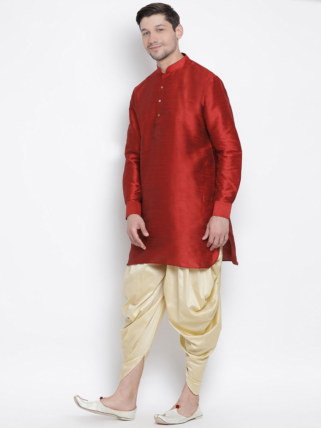 Vastramay Men's Maroon Silk Blend Curved Kurta Dhoti Set