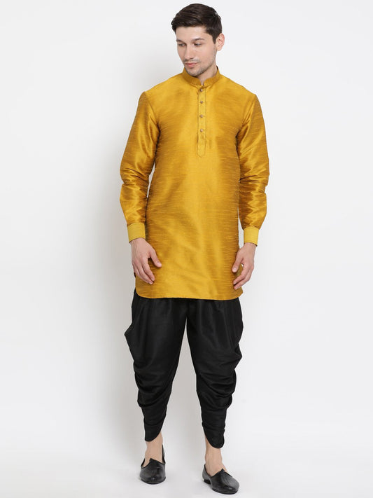 Vastramay Vastramay Men's Mustard Silk Blend Curved Kurta Dhoti Set