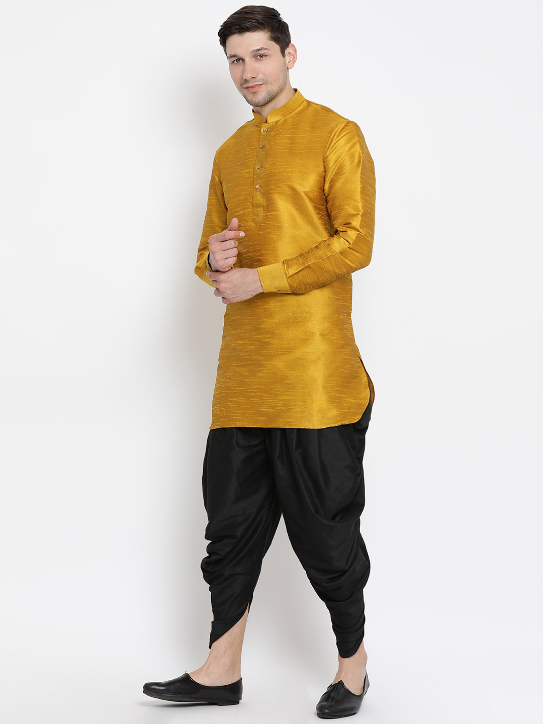 Vastramay Men's Mustard Silk Blend Curved Kurta Dhoti Set