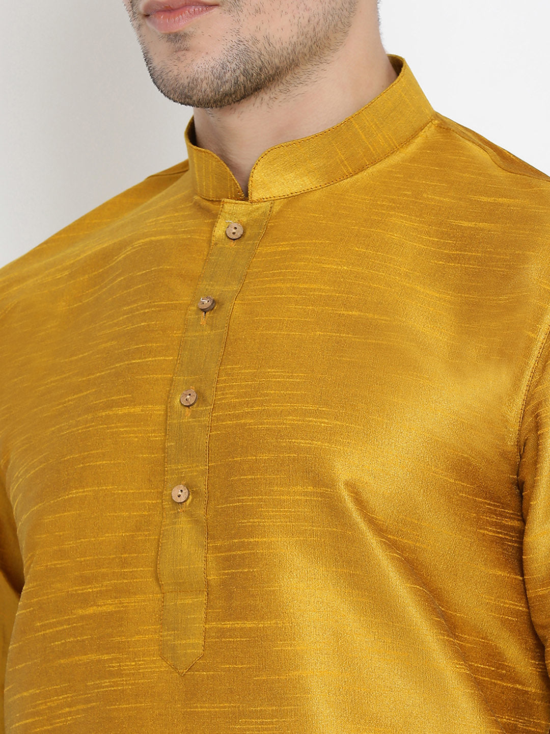 Vastramay Men's Mustard Silk Blend Curved Kurta Dhoti Set