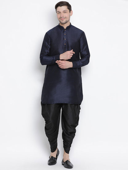 Vastramay Men's Navy Blue Silk Blend Curved Kurta Dhoti Set