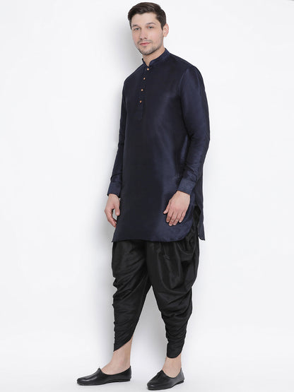 Vastramay Men's Navy Blue Silk Blend Curved Kurta Dhoti Set