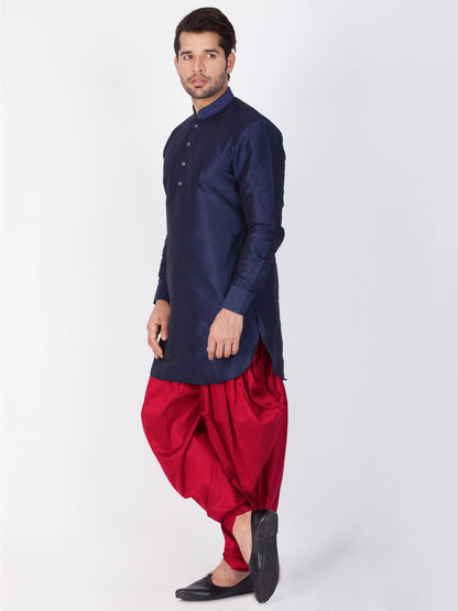 Vastramay Men's Blue Silk Blend Curved Kurta Dhoti Set