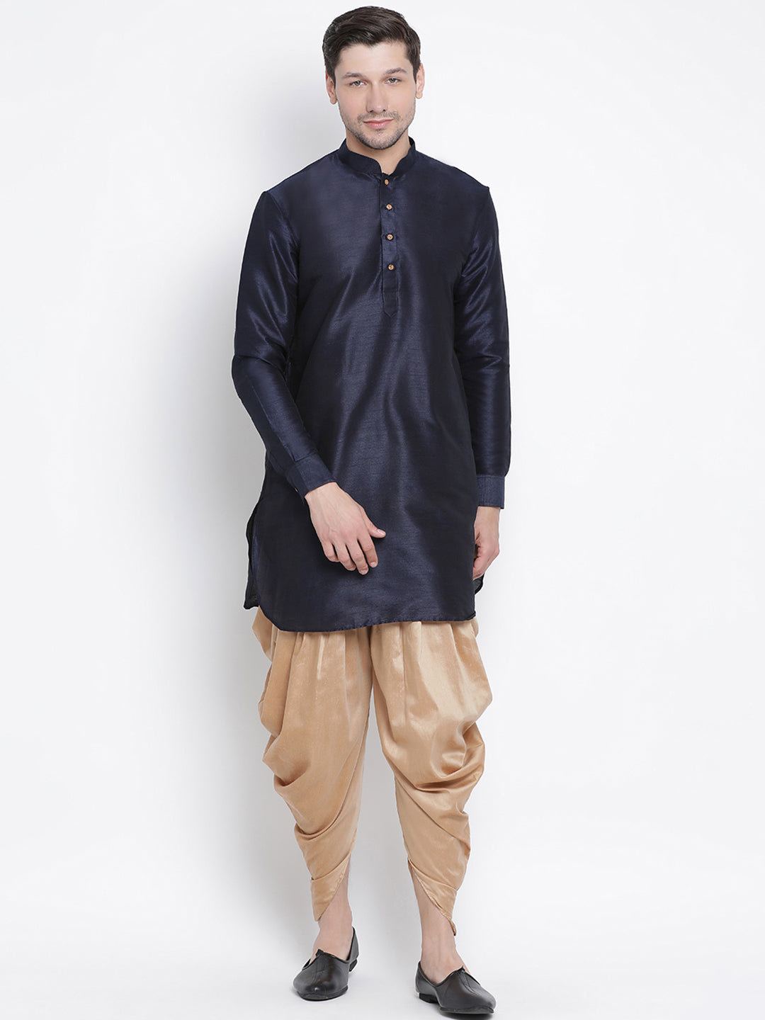 Vastramay Silk Blend Navy Blue And Rose Gold Baap Beta Dhoti Kurta Set