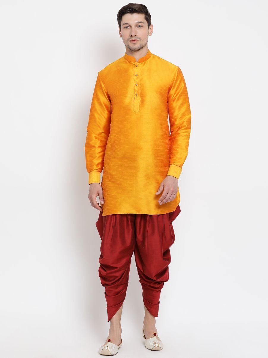 Vastramay Vastramay Men's Orange Silk Blend Curved Kurta Dhoti Set