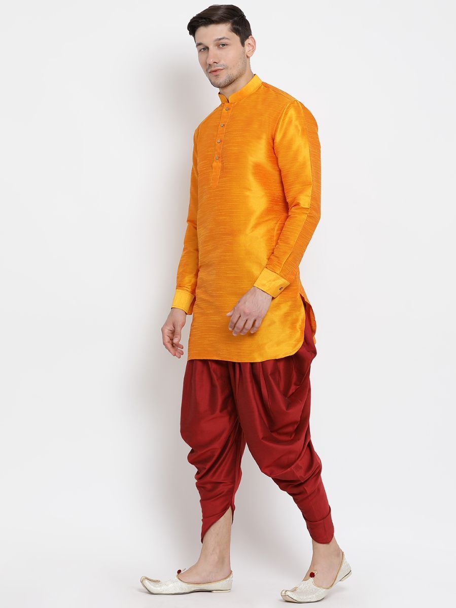 Vastramay Men's Orange Silk Blend Curved Kurta Dhoti Set