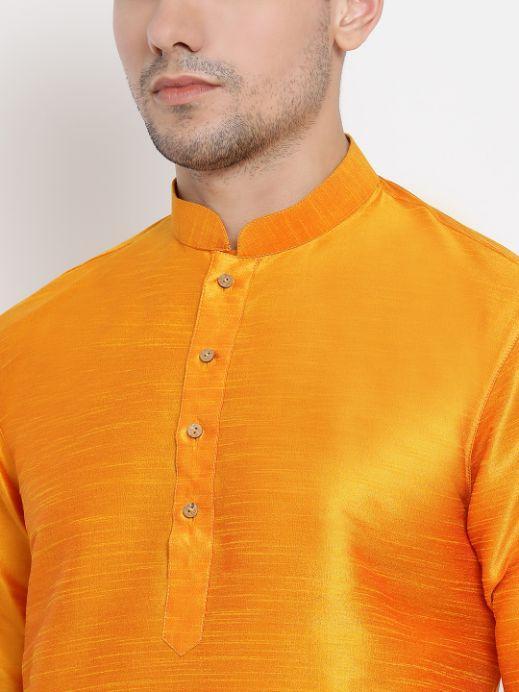 Vastramay Men's Orange Silk Blend Curved Kurta Dhoti Set