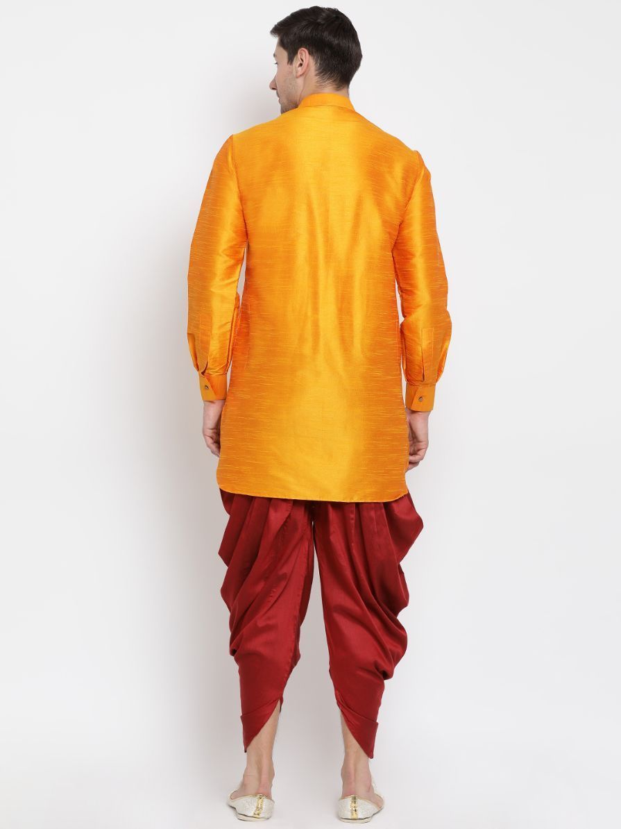 Vastramay Men's Orange Silk Blend Curved Kurta Dhoti Set