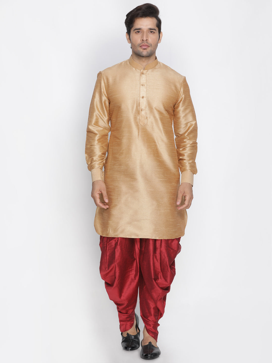 Vastramay Vastramay Men's Rose Gold Silk Blend Curved Kurta Dhoti Set