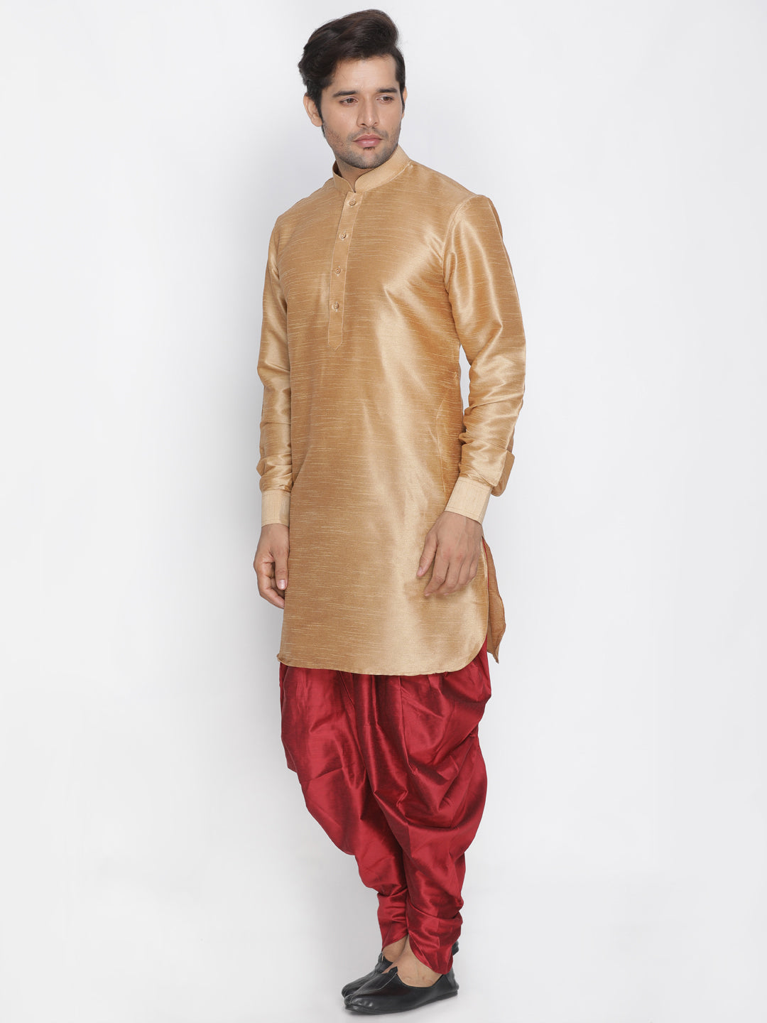 Vastramay Men's Rose Gold Silk Blend Curved Kurta Dhoti Set