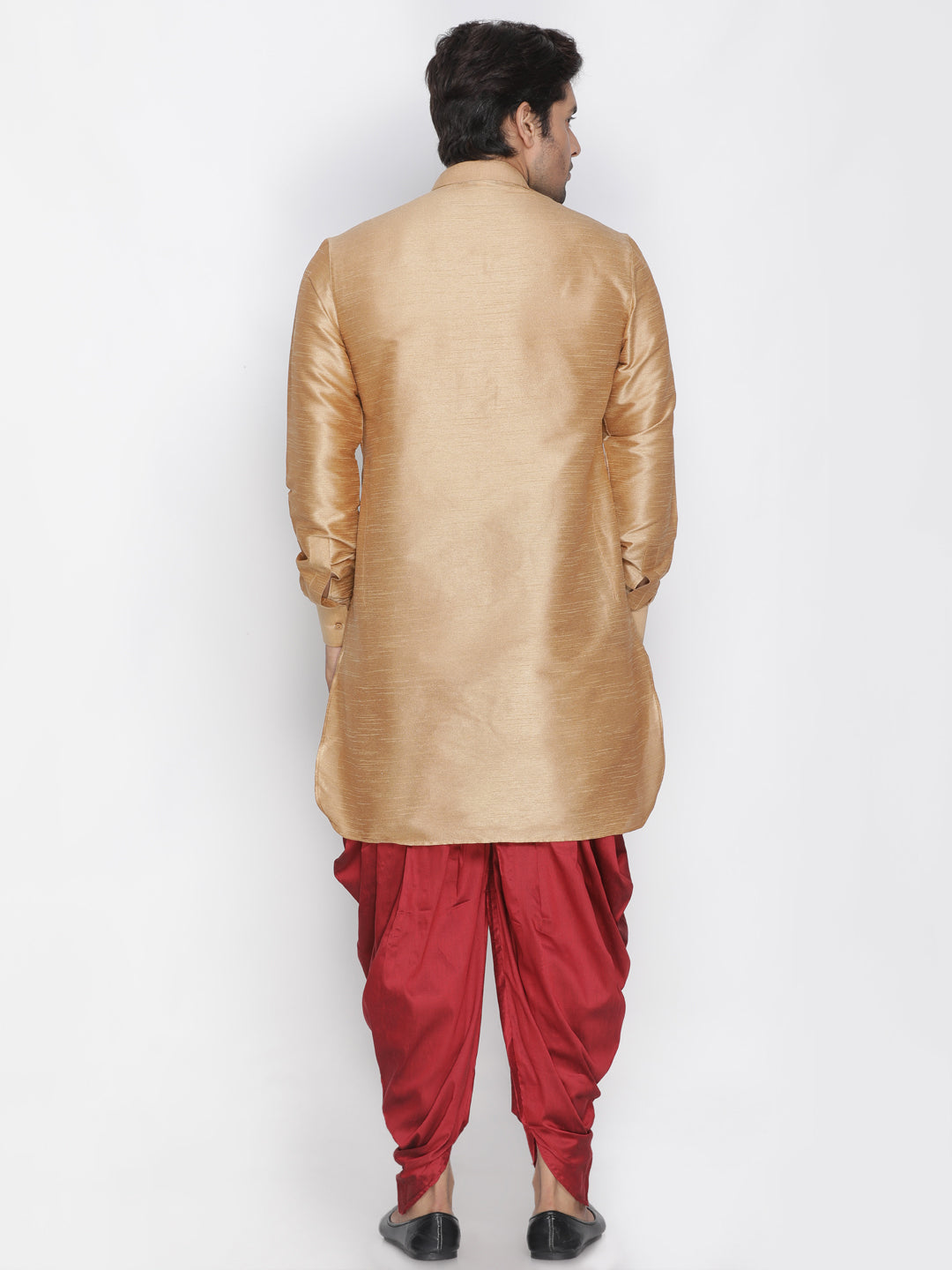 Vastramay Men's Rose Gold Silk Blend Curved Kurta Dhoti Set