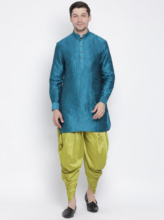 Vastramay Vastramay Men's Turquoise Silk Blend Curved Kurta Dhoti Set