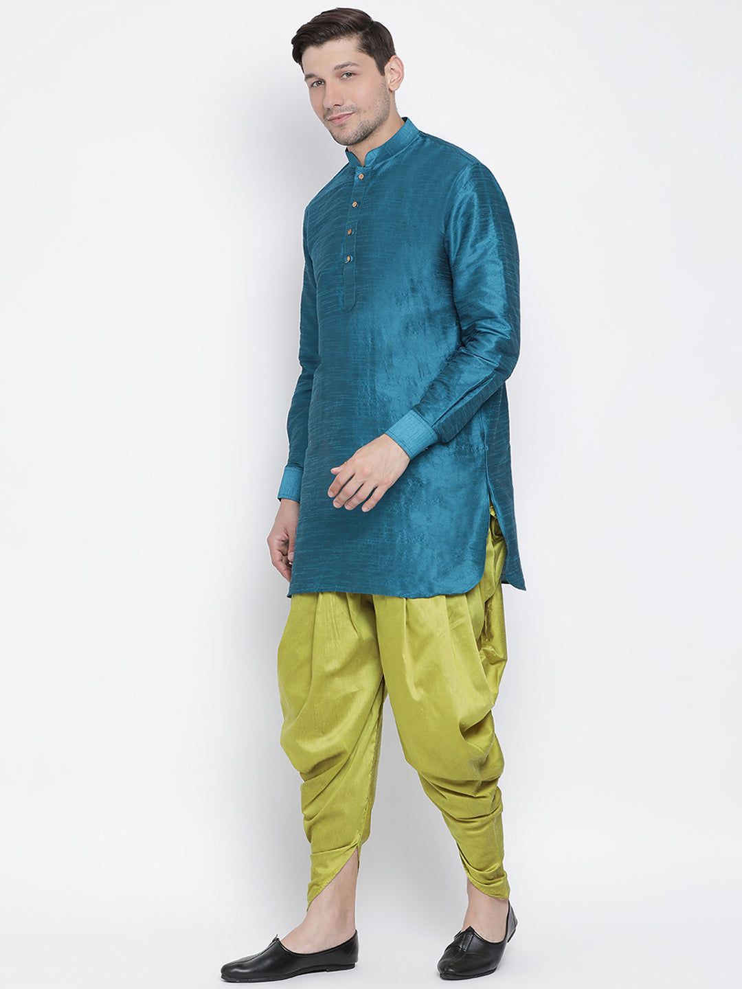 Vastramay Men's Turquoise Silk Blend Curved Kurta Dhoti Set