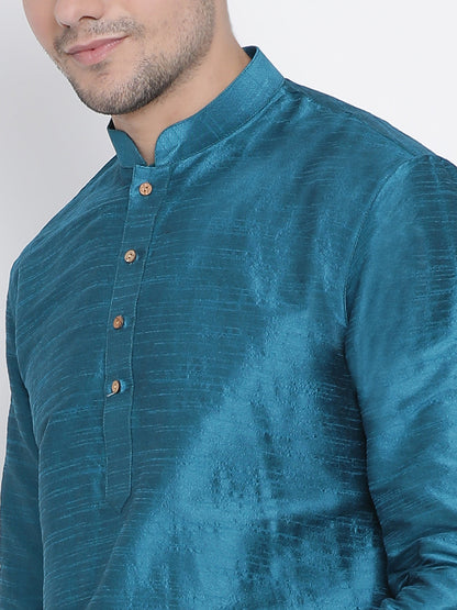 Vastramay Men's Turquoise Silk Blend Curved Kurta Dhoti Set