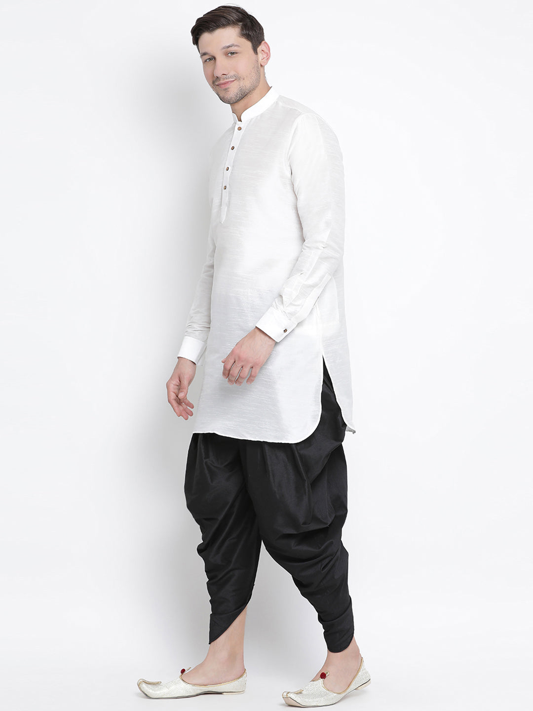 Vastramay Men's White Silk Blend Curved Kurta Dhoti Set