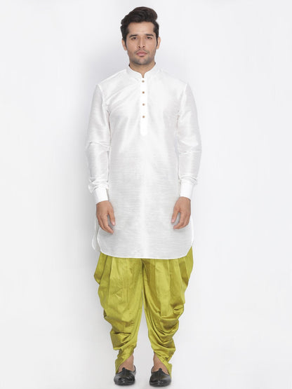 Vastramay Vastramay Men's White Silk Blend Curved Kurta Dhoti Set