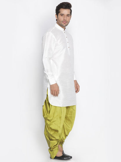 Vastramay Men's White Silk Blend Curved Kurta Dhoti Set