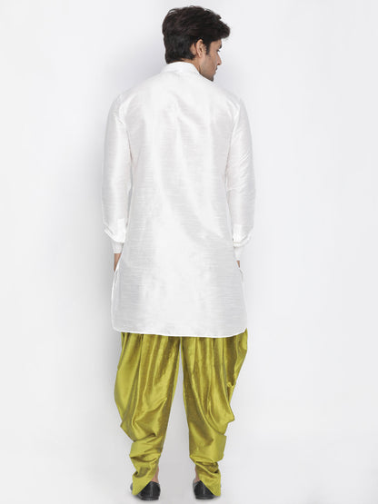 Vastramay Men's White Silk Blend Curved Kurta Dhoti Set