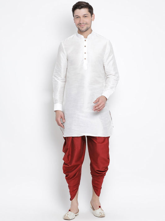 Vastramay Vastramay Men's White Silk Blend Curved Kurta Dhoti Set