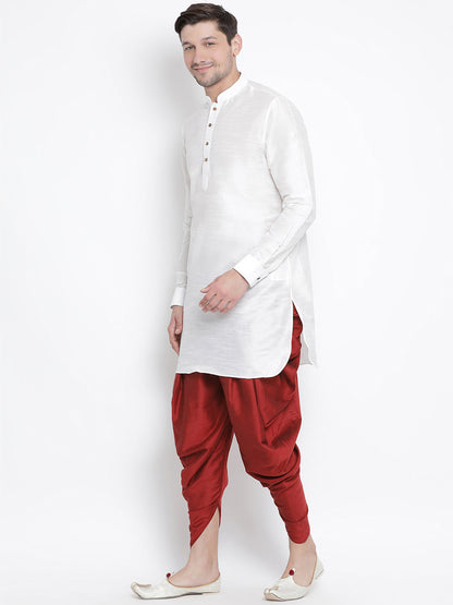 Vastramay Men's White Silk Blend Curved Kurta Dhoti Set