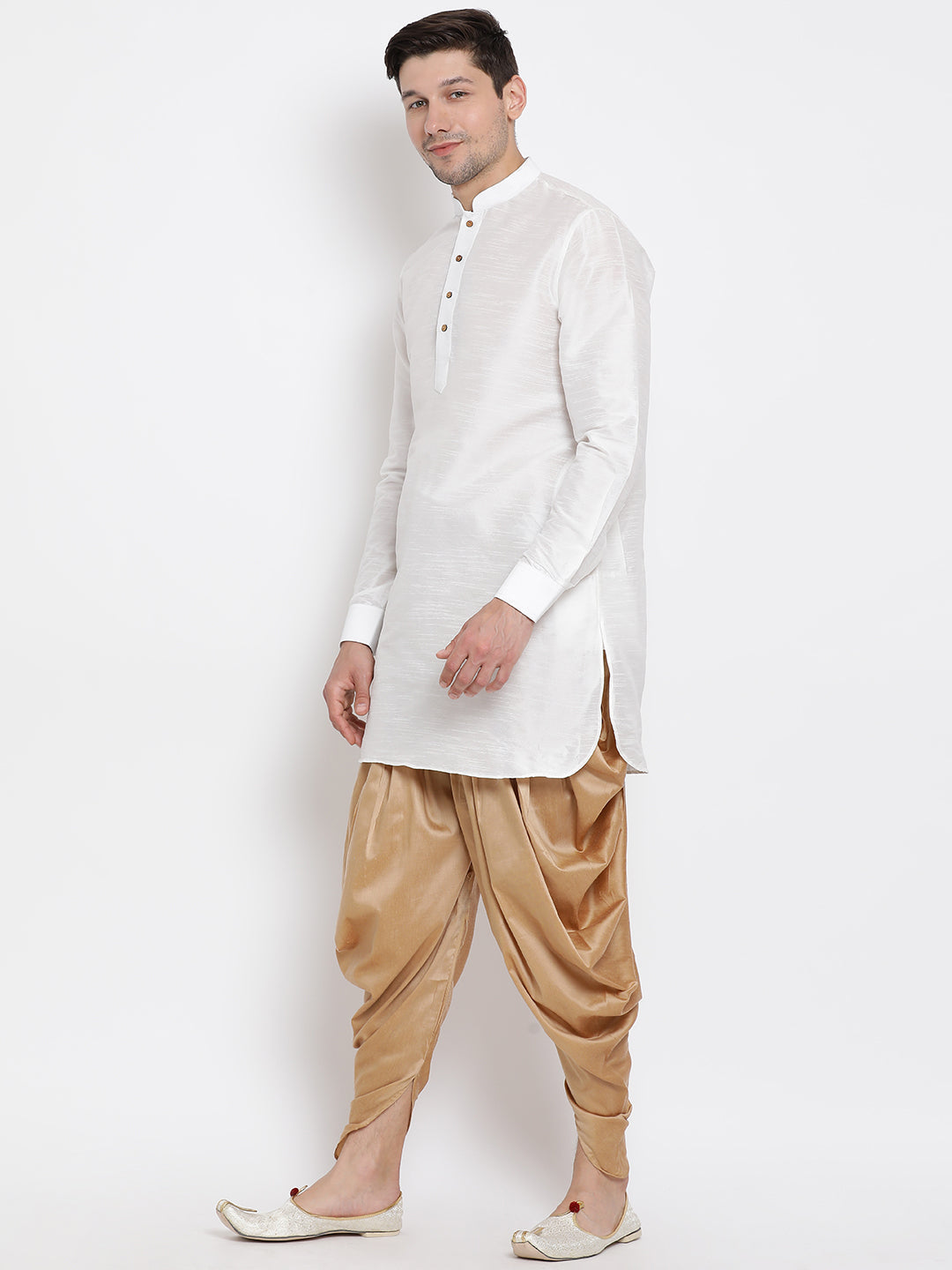 Vastramay Silk Blend White And Rose Gold Baap Beta Dhoti Kurta Set