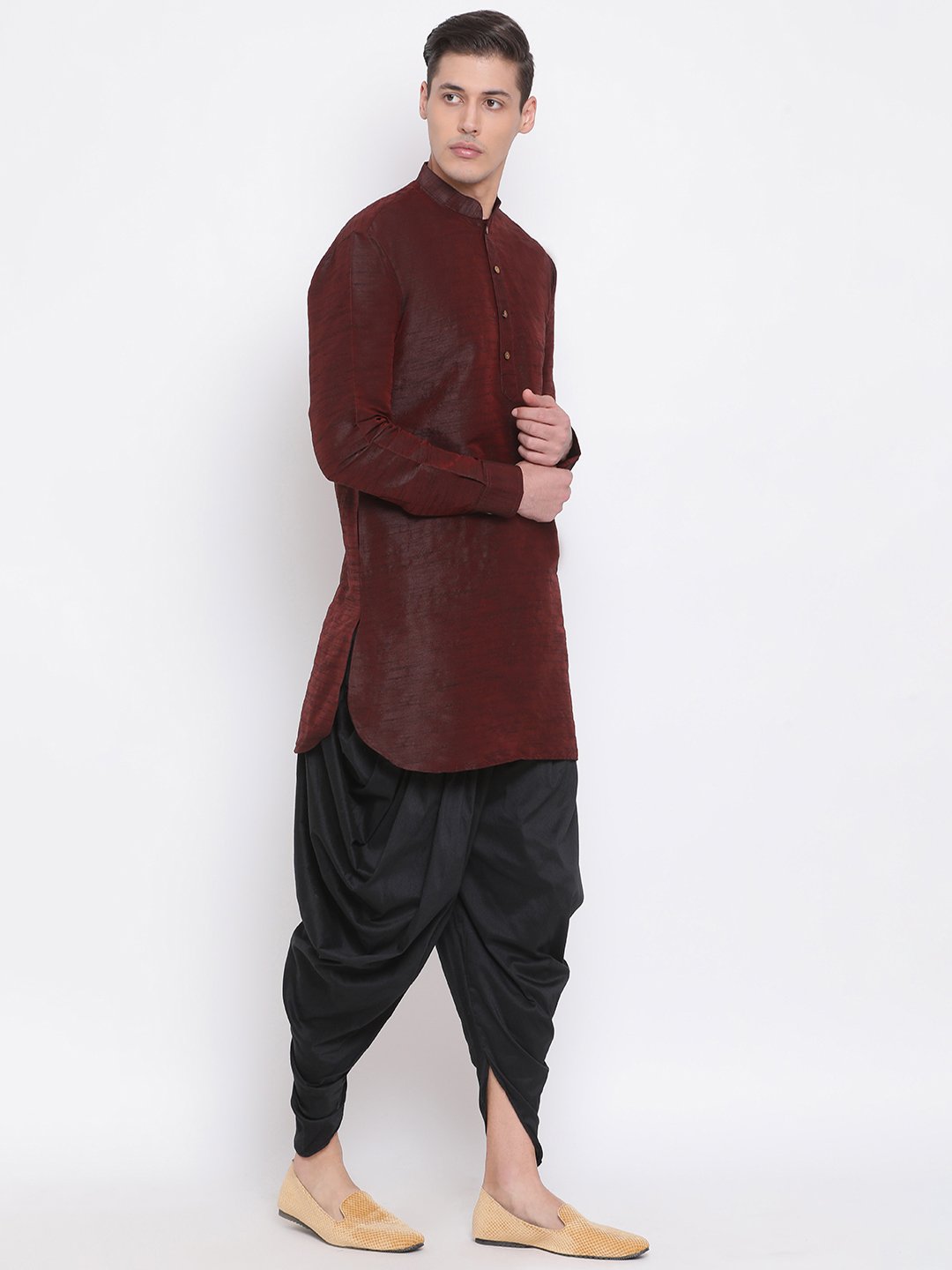 Vastramay Men's Burgundy Silk Blend Curved Kurta Dhoti Set