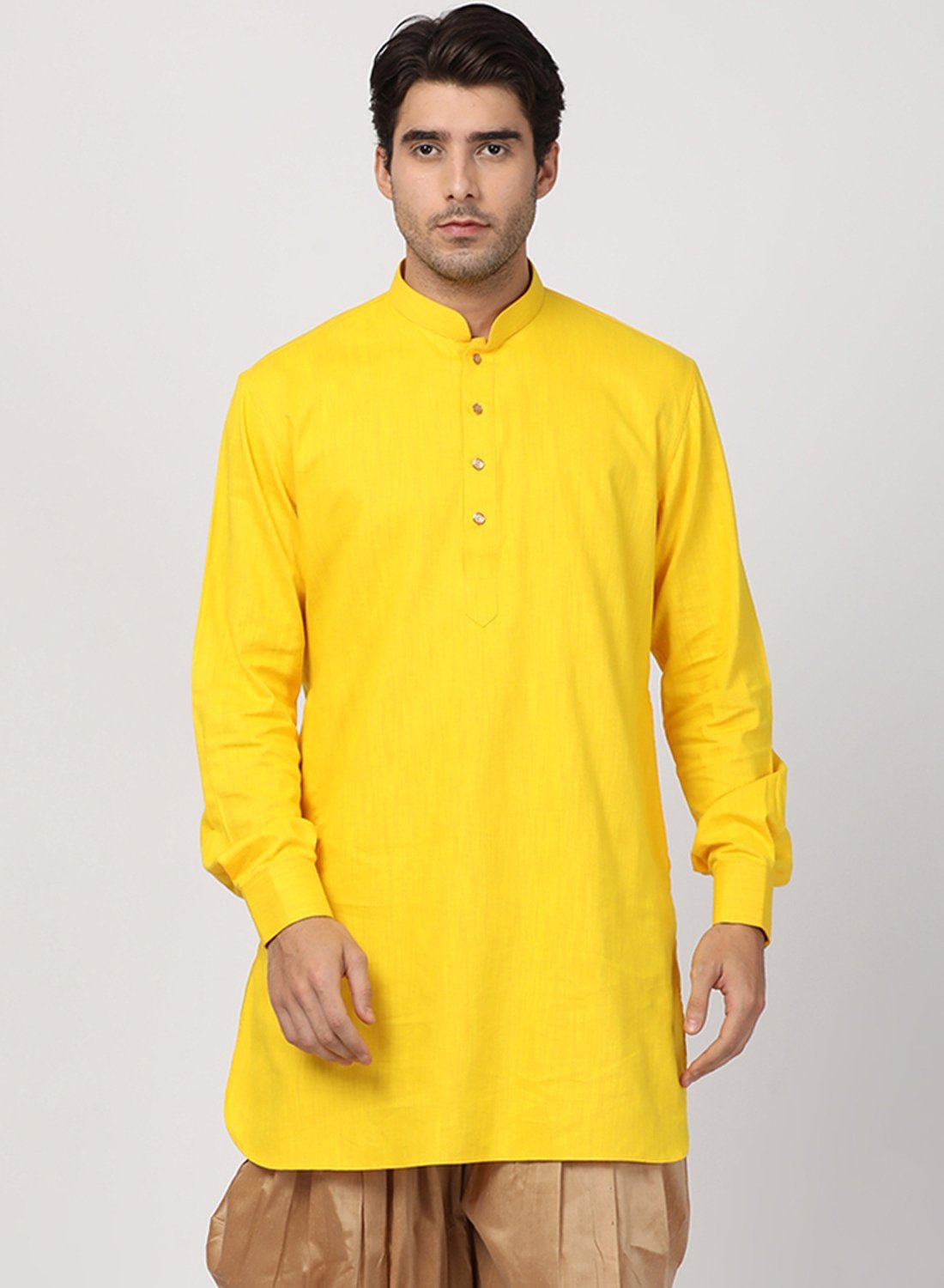 Vastramay Men's Yellow Cotton Blend Kurta