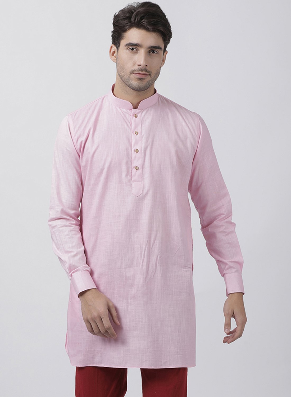 Vastramay  Men's Pink Cotton Linen Blend Kurta