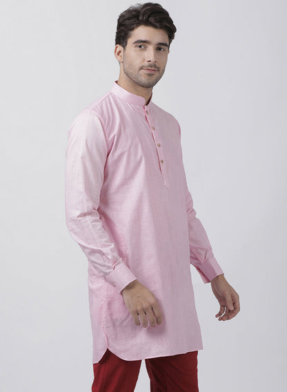 Vastramay  Men's Pink Cotton Linen Blend Kurta