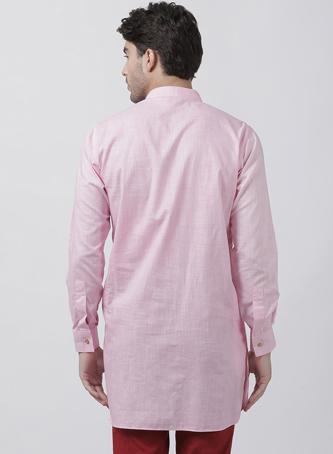 Vastramay  Men's Pink Cotton Linen Blend Kurta