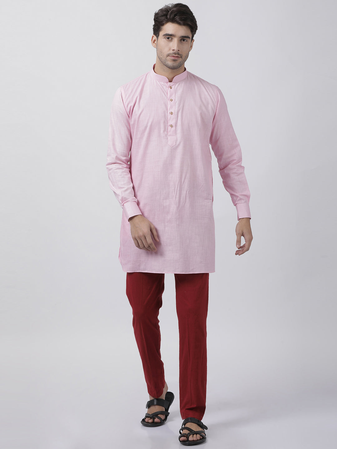 Vastramay  Men's Pink Cotton Linen Blend Kurta