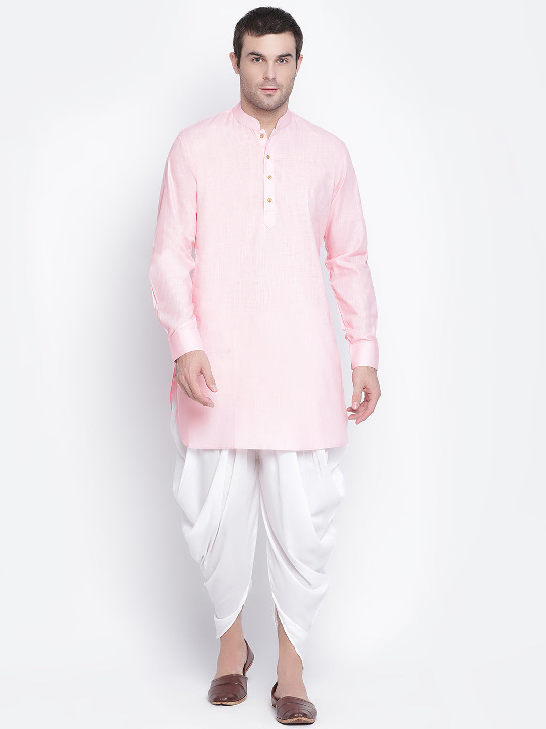 Vastramay Men's Pink And White Cotton Blend Dhoti Kurta Set