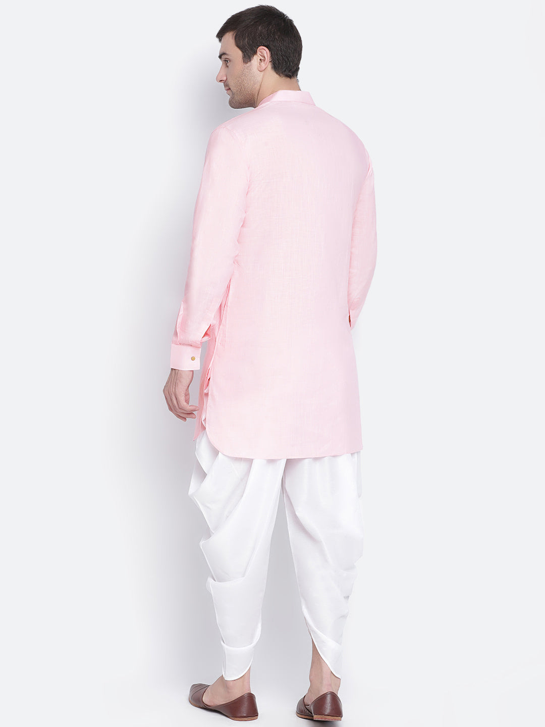 Vastramay Men's Pink And White Cotton Blend Dhoti Kurta Set