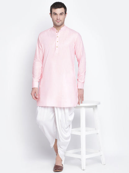 Vastramay Men's Pink And White Cotton Blend Dhoti Kurta Set