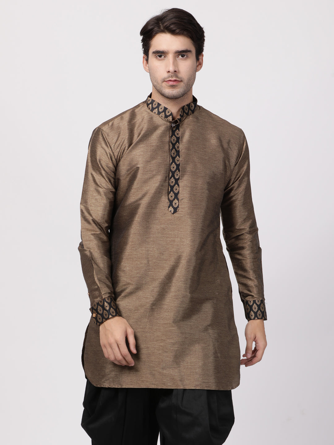 Vastramay Vastramay Men's Bronze And Black Silk Blend Kurta