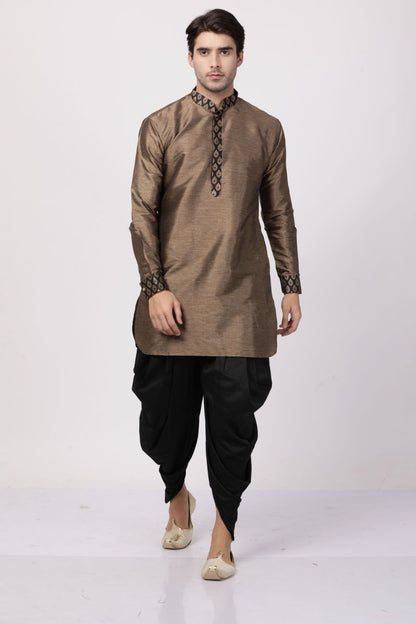 Vastramay Vastramay Men's Bronze And black Silk Blend Kurta and Dhoti Set