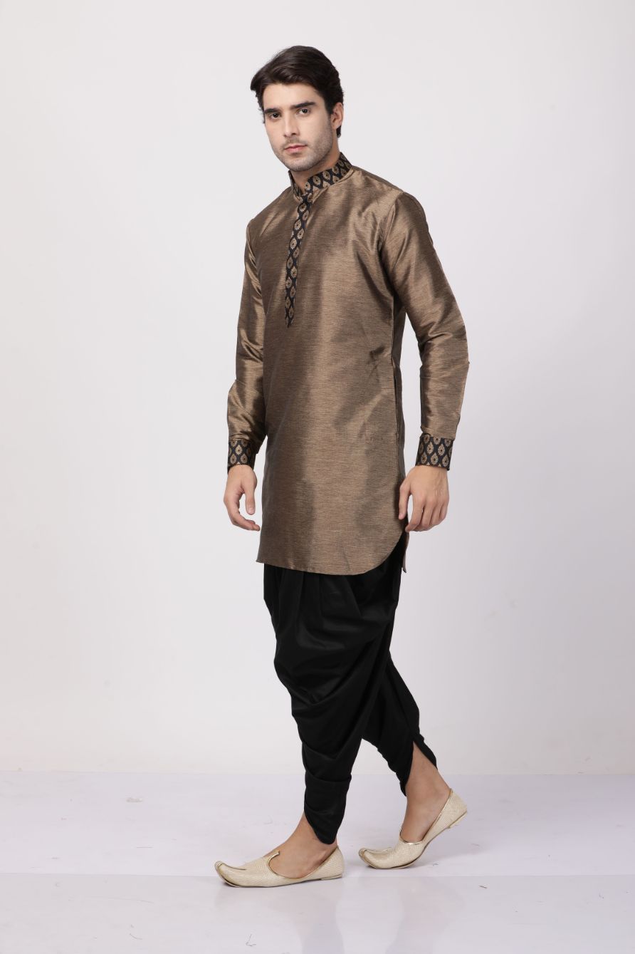 Vastramay Men's Bronze And black Silk Blend Kurta and Dhoti Set