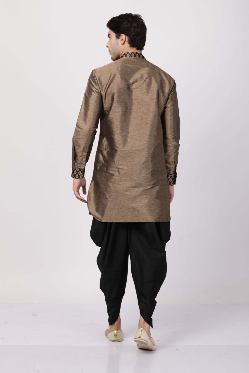 Vastramay Men's Bronze And black Silk Blend Kurta and Dhoti Set