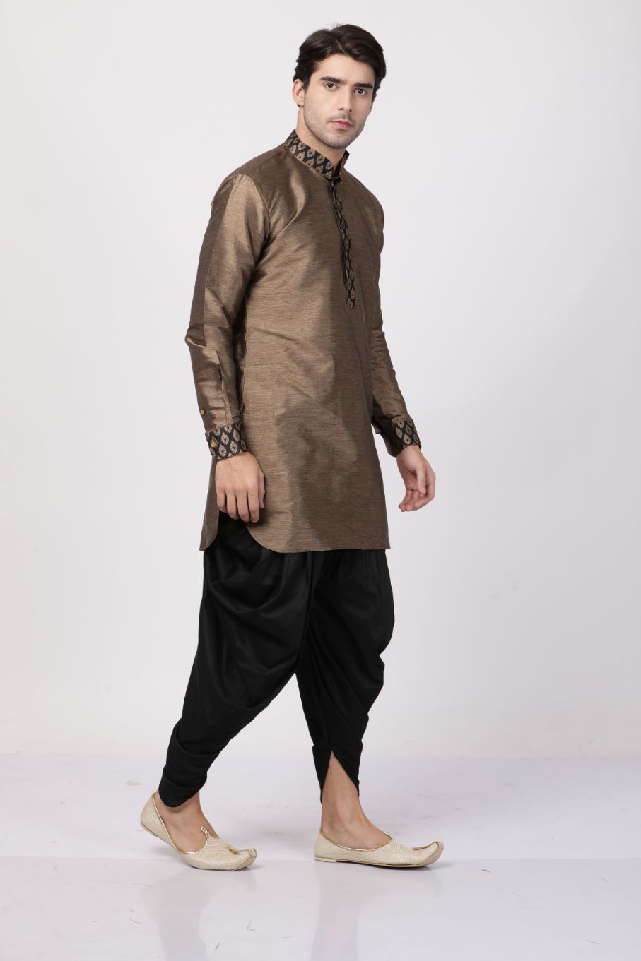 Vastramay Men's Bronze And black Silk Blend Kurta and Dhoti Set