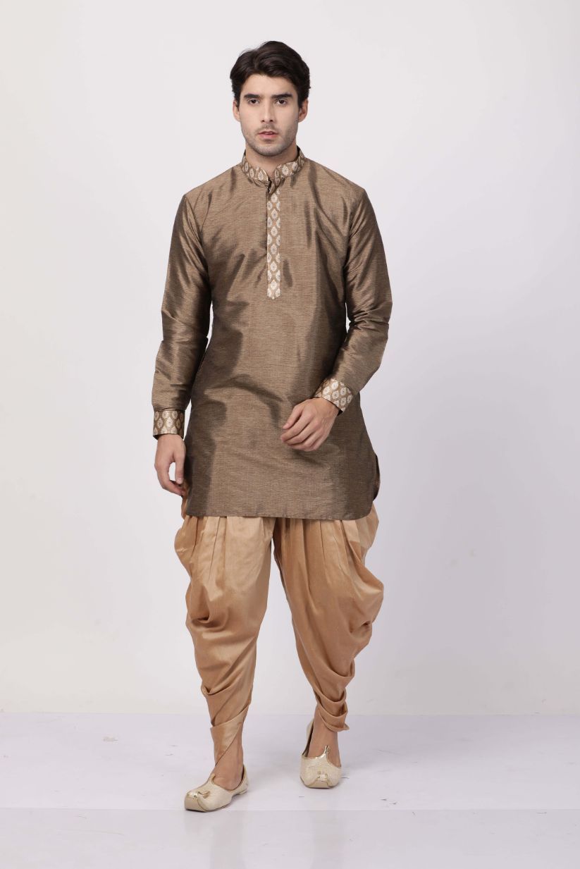 Vastramay Vastramay Men's Gold Silk Blend Kurta and Dhoti Pant Set