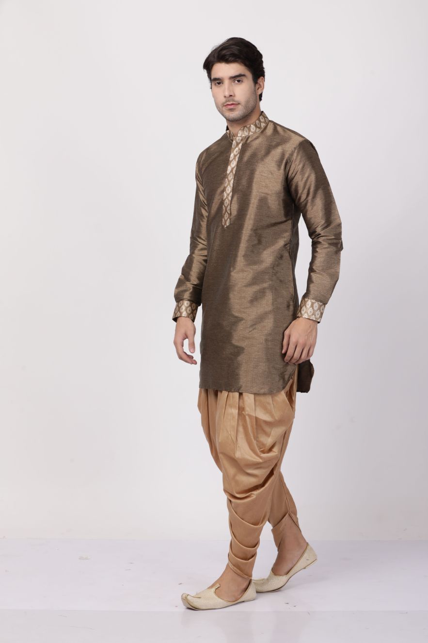 Vastramay Men's Gold Silk Blend Kurta and Dhoti Pant Set