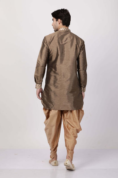 Vastramay Men's Gold Silk Blend Kurta and Dhoti Pant Set