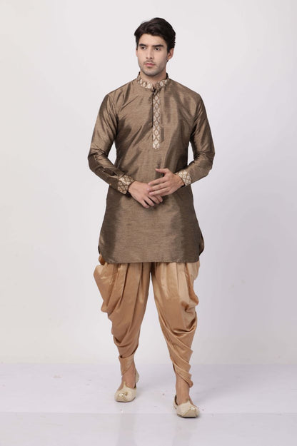 Vastramay Men's Gold Silk Blend Kurta and Dhoti Pant Set