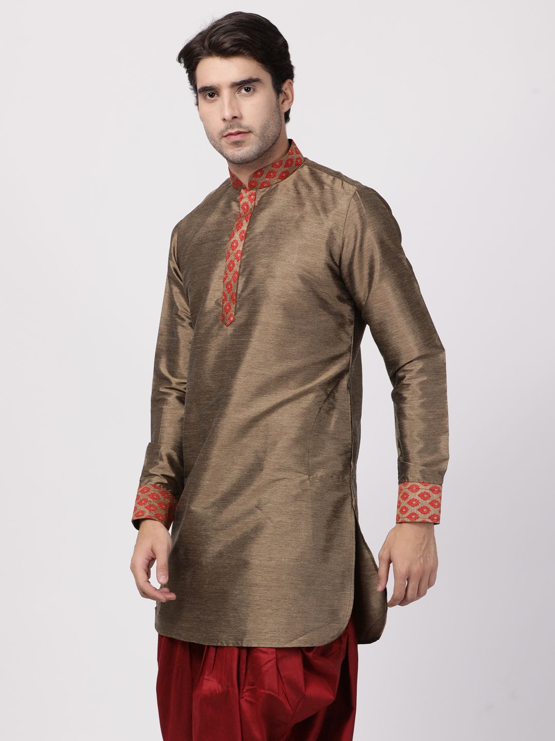 Vastramay Men's Bronze and Maroon Toned Silk Blend Kurta