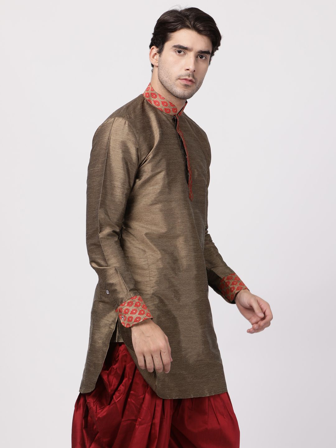 Vastramay Men's Bronze and Maroon Toned Silk Blend Kurta