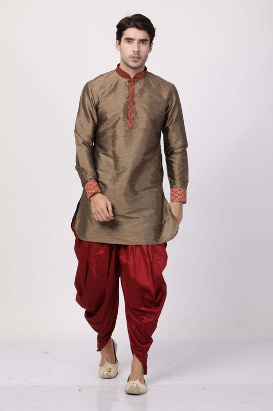 Vastramay Vastramay Men's Bronze And Maroon Silk Blend Kurta and Dhoti Pant Set