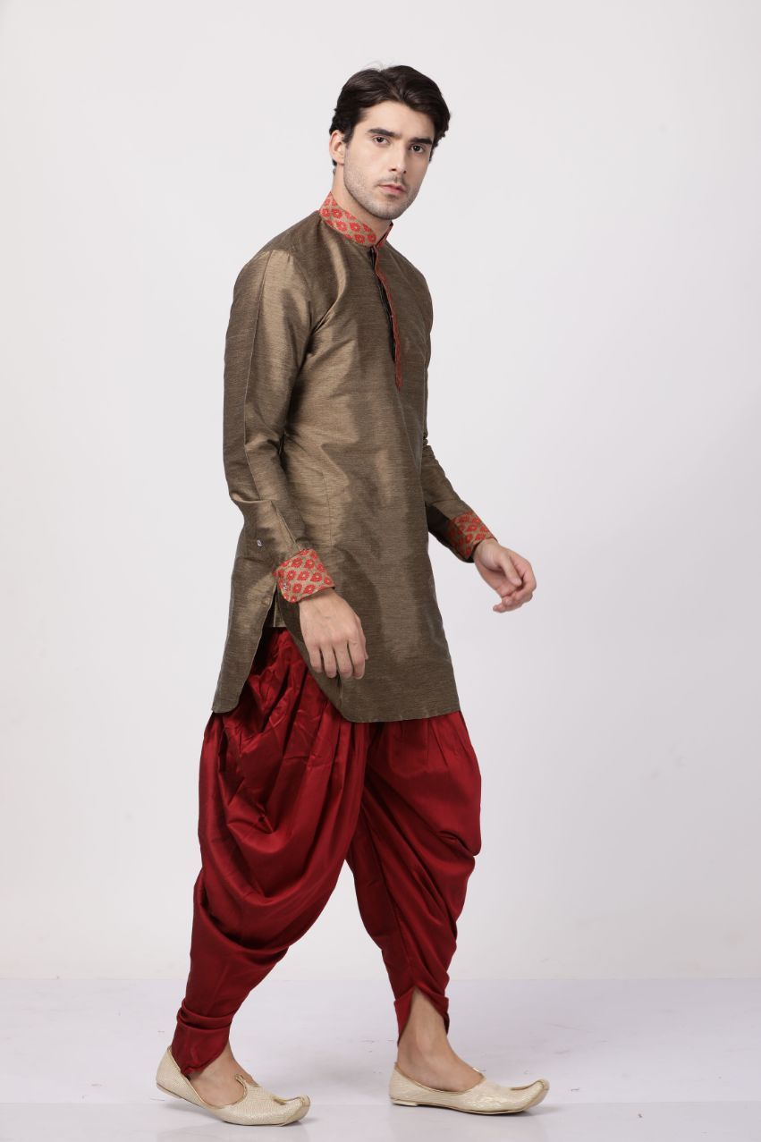 Vastramay Men's Bronze And Maroon Silk Blend Kurta and Dhoti Pant Set