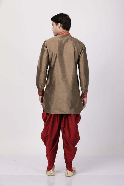 Vastramay Men's Bronze And Maroon Silk Blend Kurta and Dhoti Pant Set