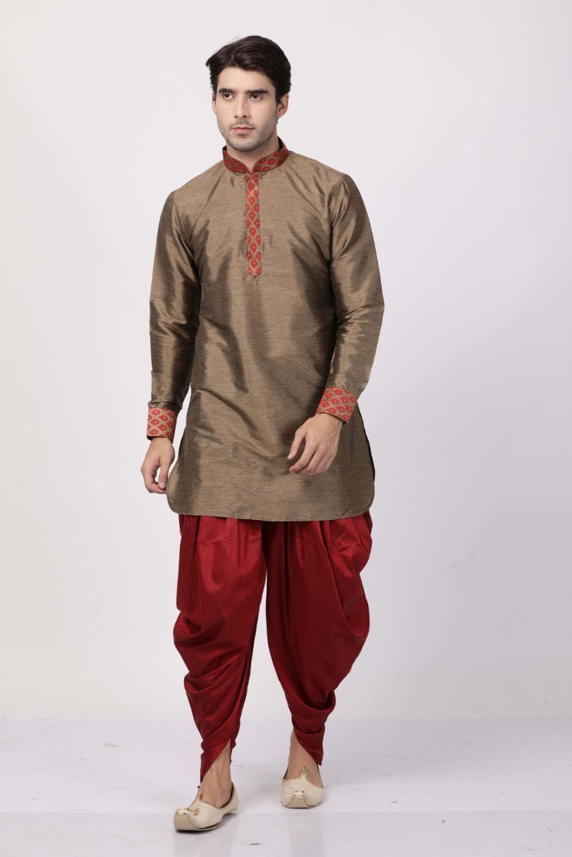 Vastramay Men's Bronze And Maroon Silk Blend Kurta and Dhoti Pant Set