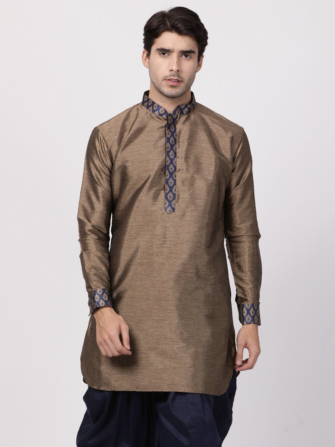 Vastramay Vastramay Men's Bronze And Navy Blue Silk Blend Kurta